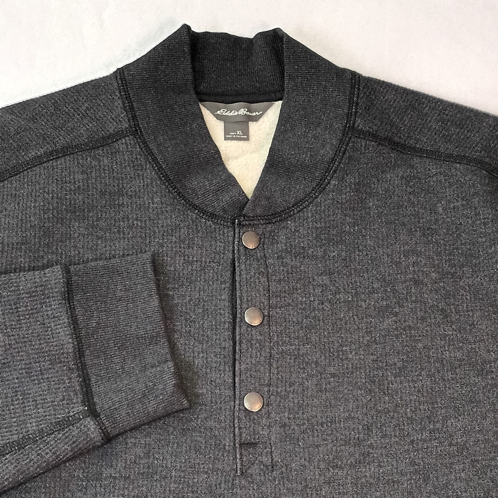 Eddie Bauer Mens XL Charcoal Gray Fleece Lined Waffle Knit Henley Shirt
